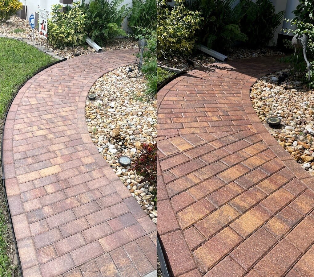 Before and after paver sealing on a walkway in Brevard County showing restored color and protection by Suncoast Softwash.