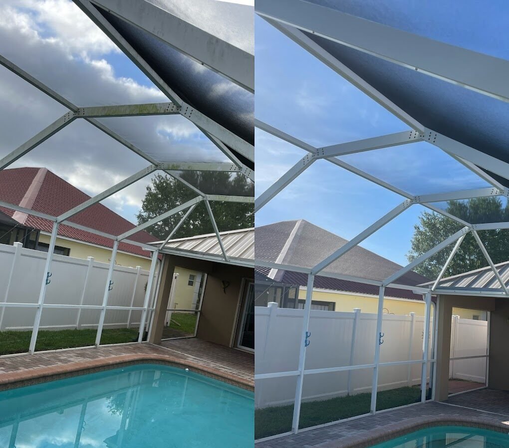 Before and after pool enclosure cleaning in Brevard and Volusia County showing restored screens and bright frames by Suncoast Softwash.