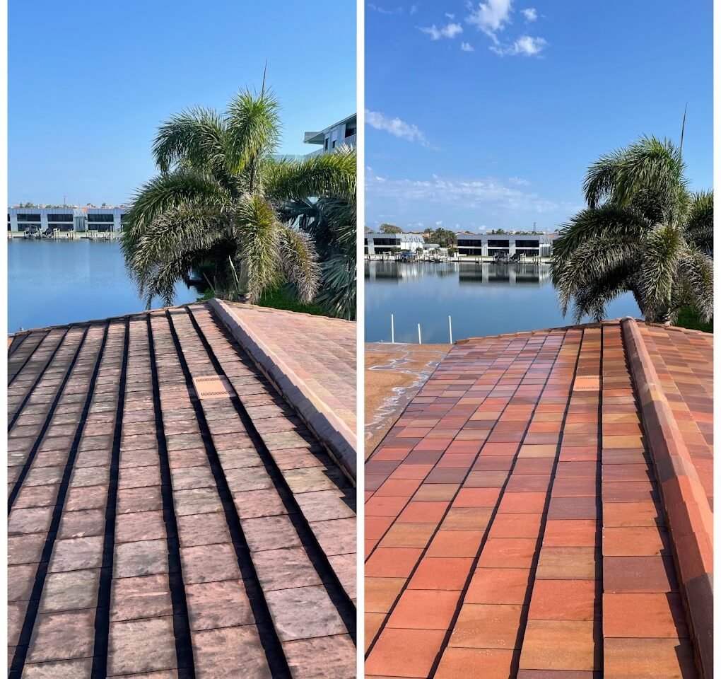 Before and after roof cleaning in Brevard and Volusia County showing tile roof restored by Suncoast Softwash.