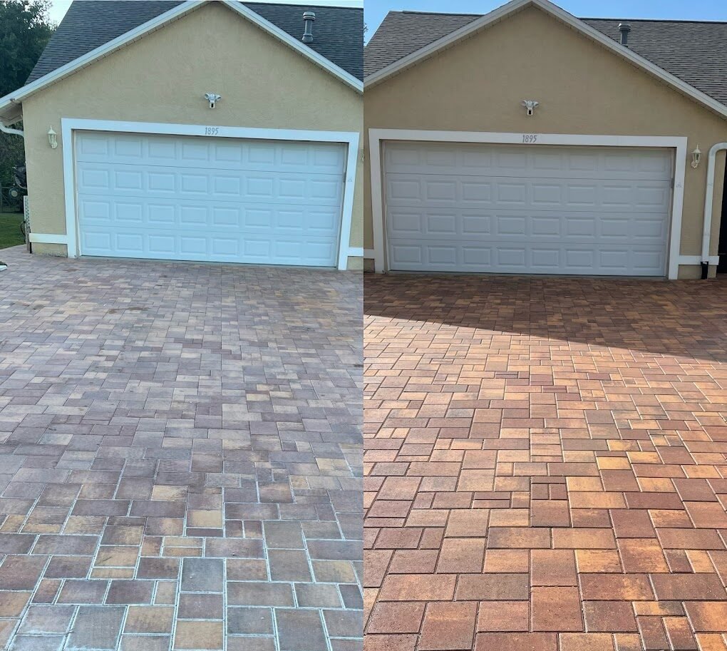 Before and after of paver driveway cleaning in Brevard and Volusia County by Suncoast Softwash showing restored color and shine.