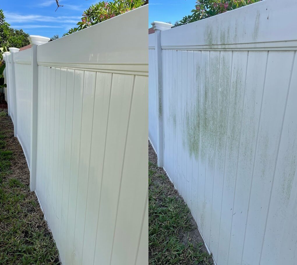Before and after vinyl fence cleaning showing removal of green algae and dirt by Suncoast Softwash in Brevard County, FL.