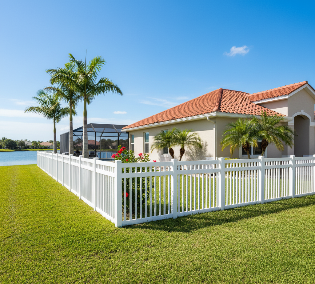 Bright white vinyl fence surrounding a Florida home after professional fence cleaning by Suncoast Softwash