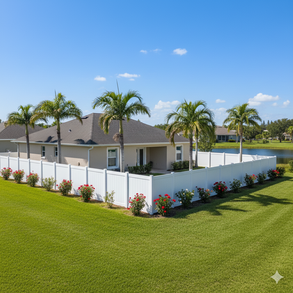 Clean white vinyl privacy fence surrounding a Florida home after professional fence cleaning by Suncoast Softwash in Brevard County