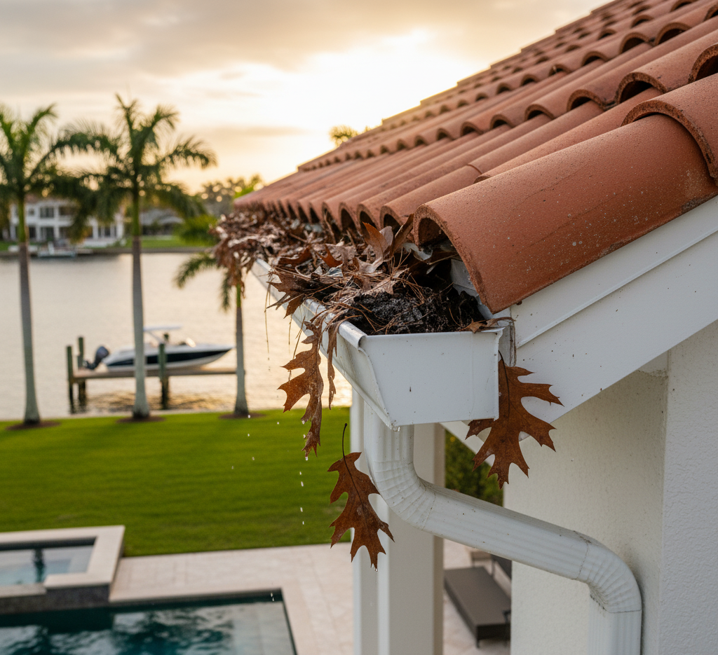 Overflowing home gutter filled with dry leaves and debris before professional gutter cleaning service by Suncoast Softwash in Brevard County, Florida.