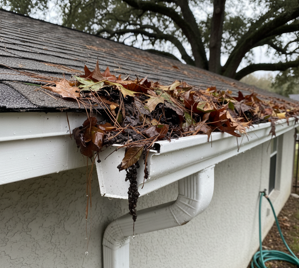 Clogged white gutter filled with wet leaves and debris before professional gutter cleaning by Suncoast Softwash in Brevard County, Florida