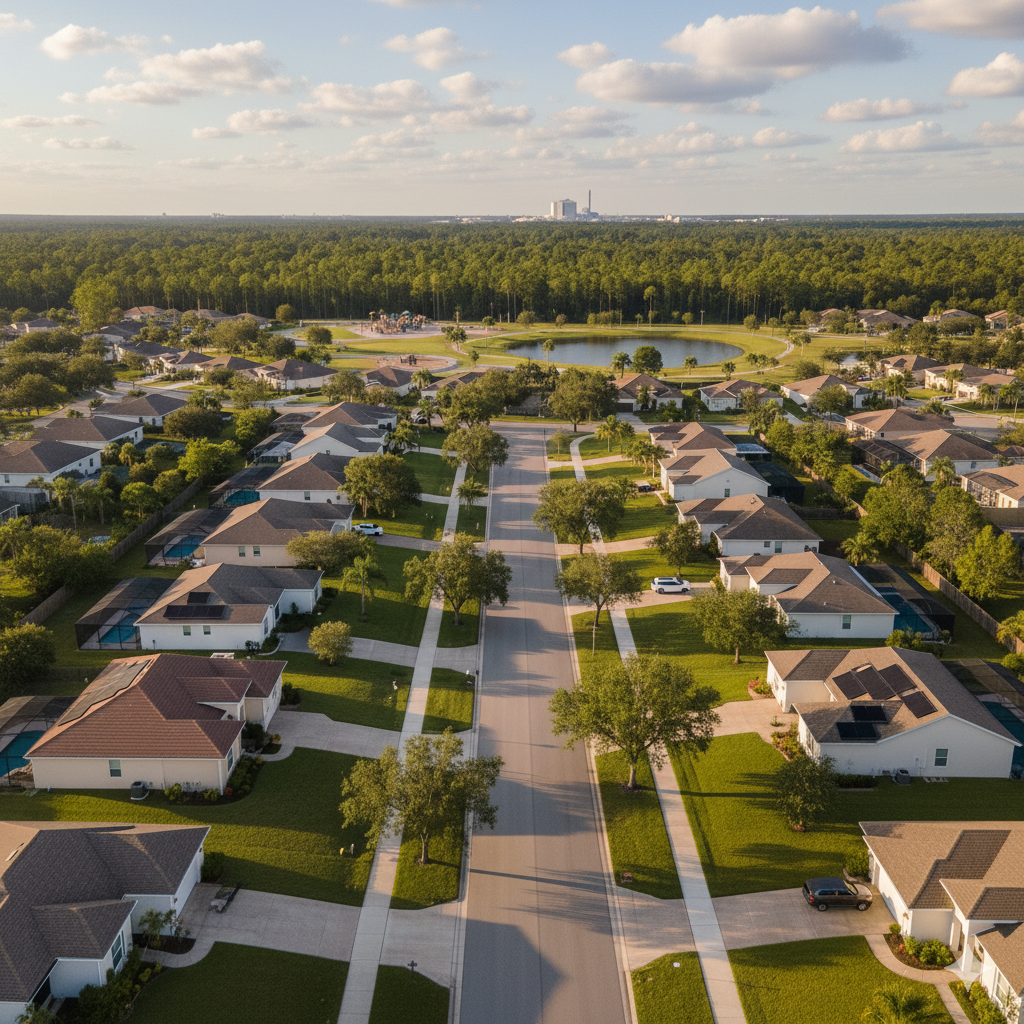 Aerial view of a clean residential neighborhood in Brevard County, Florida, showcasing well-maintained homes after professional exterior cleaning by Suncoast Softwash.
