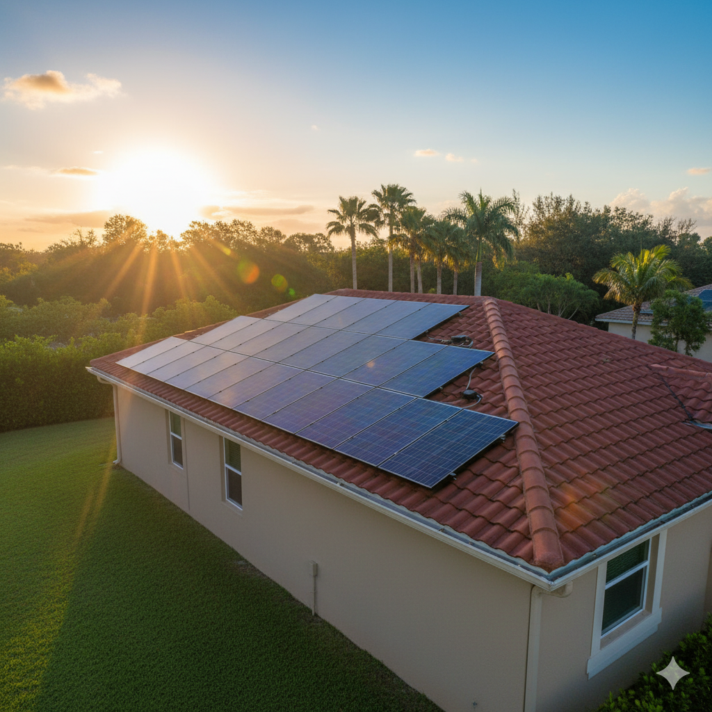 Solar panels on a red tile roof during sunset after professional solar panel cleaning by Suncoast Softwash in Brevard County, improving energy efficiency and curb appeal.