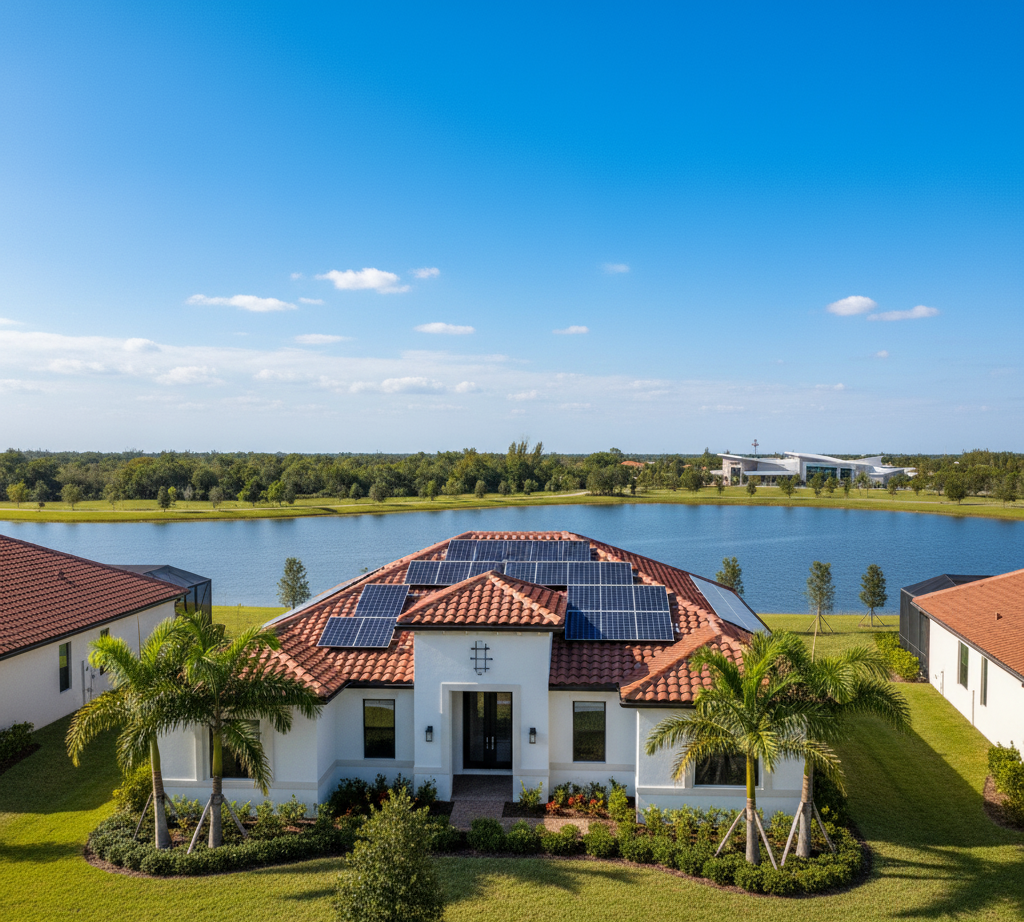 Modern Florida home with solar panels on a red tile roof after professional solar panel cleaning by Suncoast Softwash, reflecting sunlight and boosting energy output.