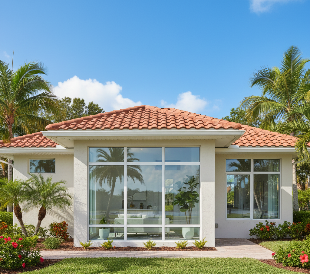 A modern Florida home with sparkling clean windows, surrounded by lush landscaping and palm trees, typical of residential areas in Brevard County, highlighting professional window cleaning by Suncoast Softwash.