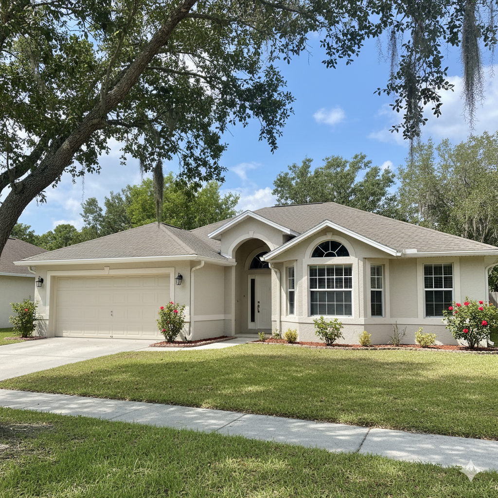 Front view of a Florida home with freshly cleaned windows after professional window cleaning by Suncoast Softwash, enhancing curb appeal and natural light.