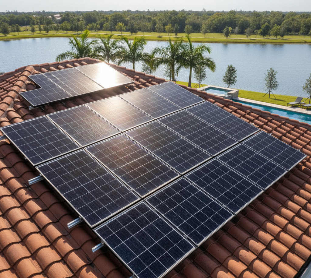 Close-up of clean solar panels on a tile roof after solar panel cleaning by Suncoast Softwash in Brevard County, Florida, maximizing sunlight absorption and system efficiency.