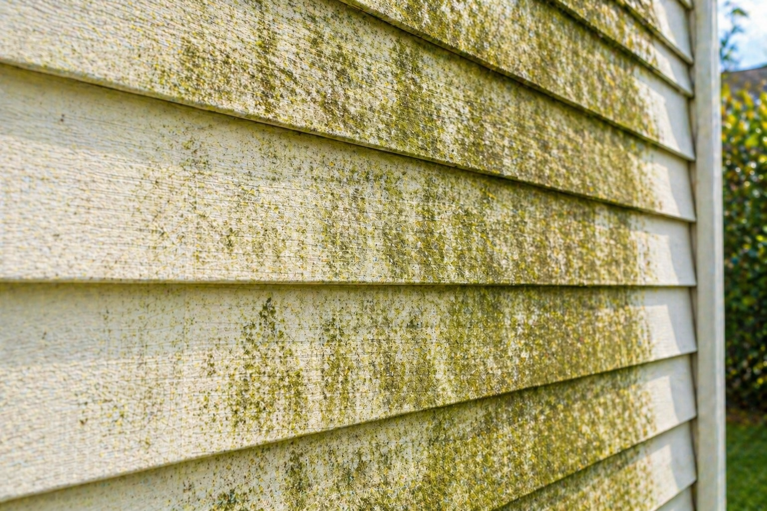 A high-resolution close-up of residential house siding with visible green algae buildup and dirt accumulation along the panels, showing moisture streaks and organic growth in detail. Bright natural sunlight, realistic texture, sharp focus, no people, no text, horizontal composition.