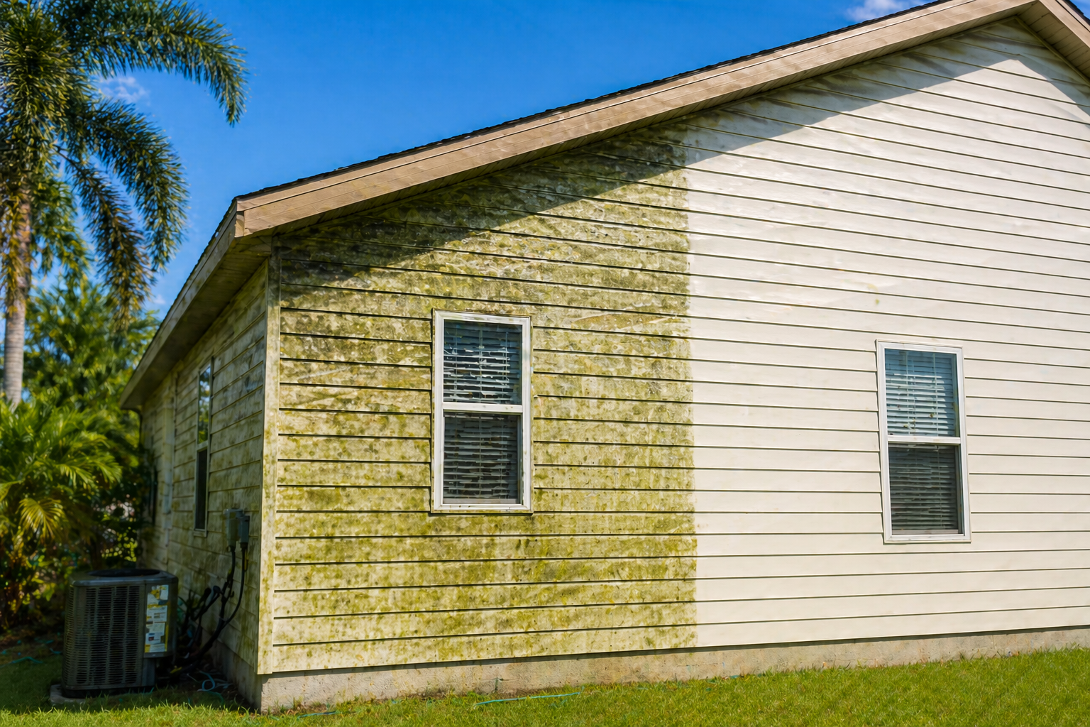 what is house washing showing algae buildup on residential siding before cleaning