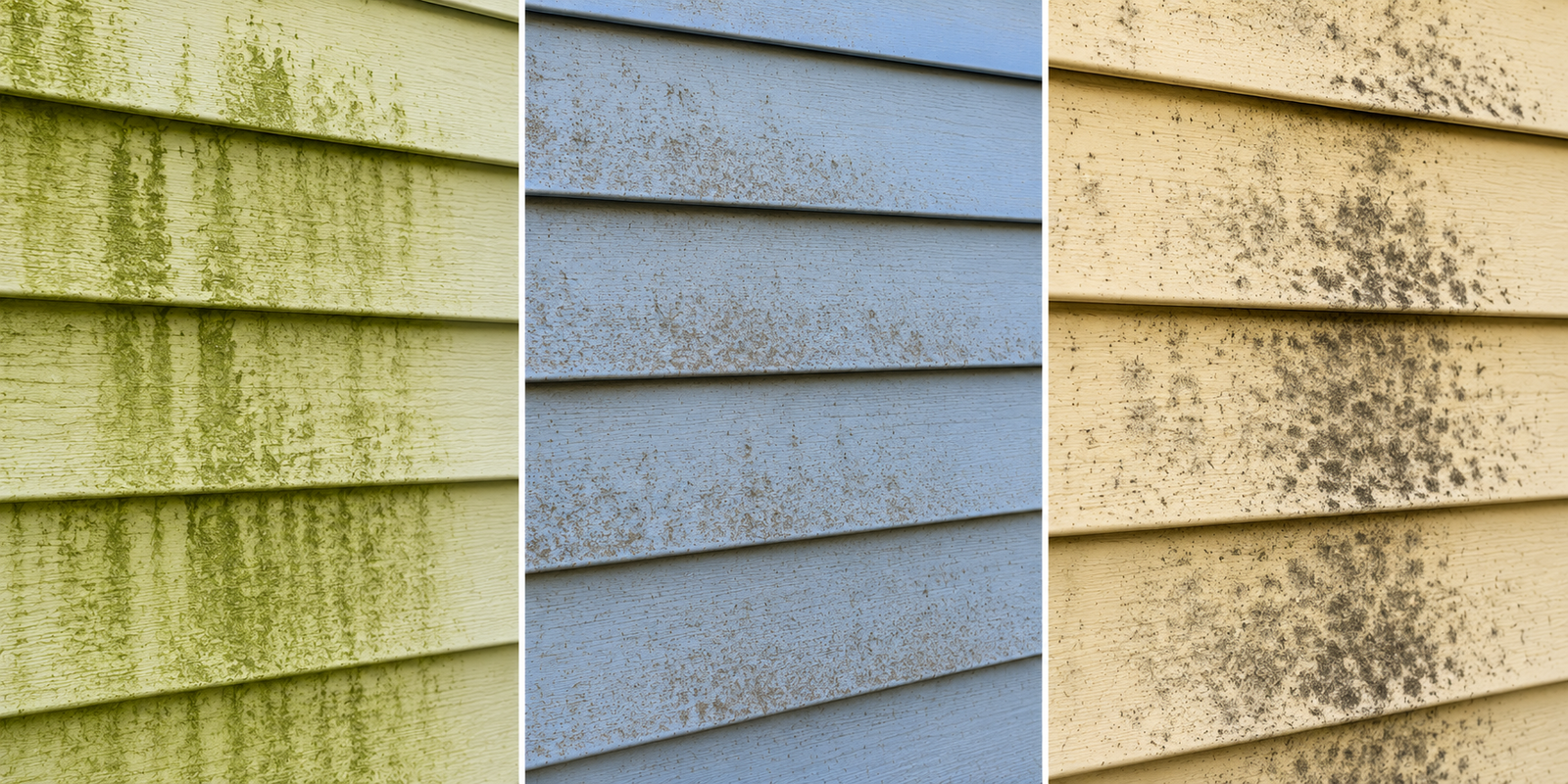 what happens if you don’t wash your house showing close-up comparison of algae, dirt, and mildew buildup on different home siding colors