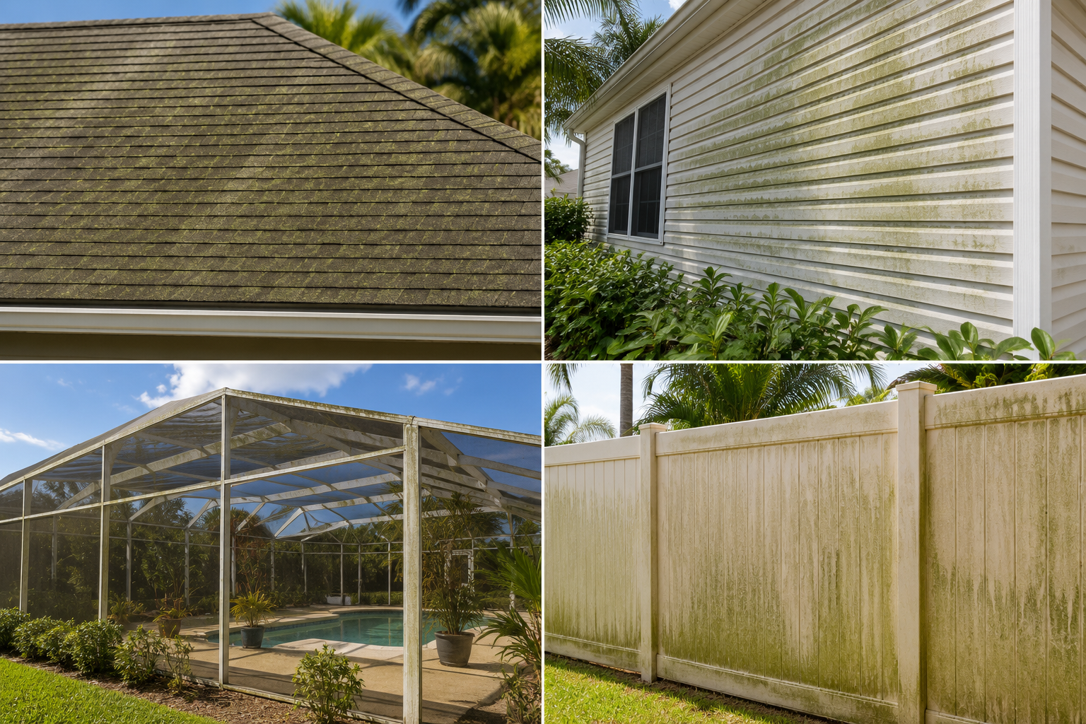 what surfaces can be soft washed showing roof shingles, house siding, pool enclosure, and vinyl fence with algae and organic buildup before cleaning