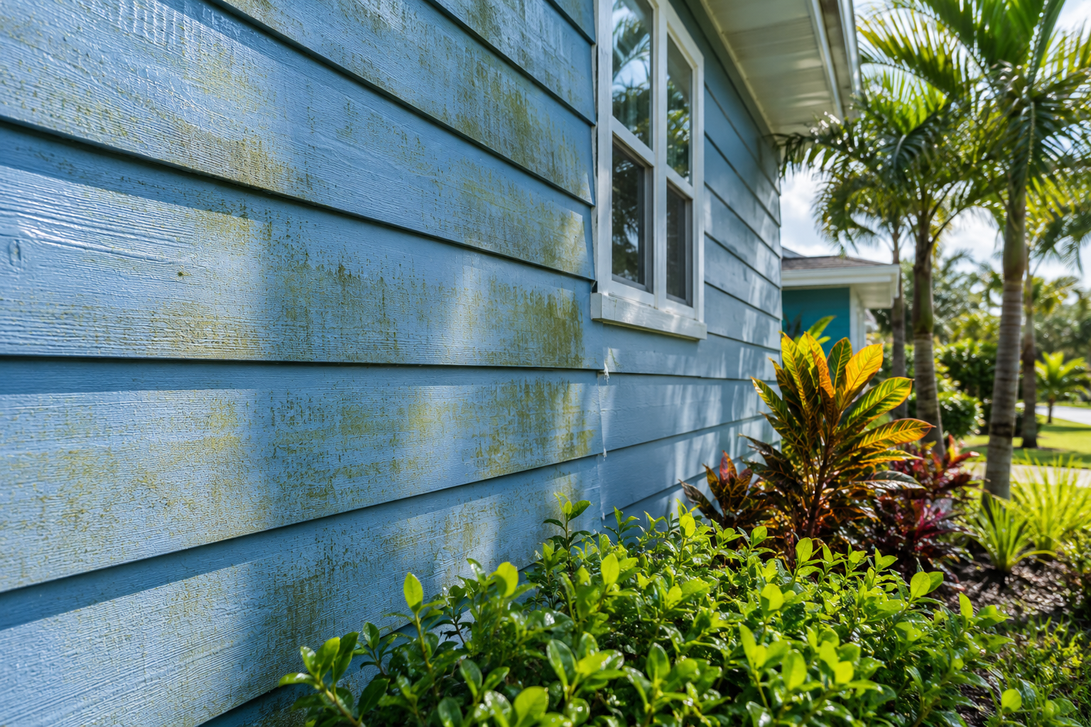 why does my house turn green showing green algae buildup and moisture staining spreading across blue residential siding with tropical landscaping and palm trees in a humid Florida neighborhood
