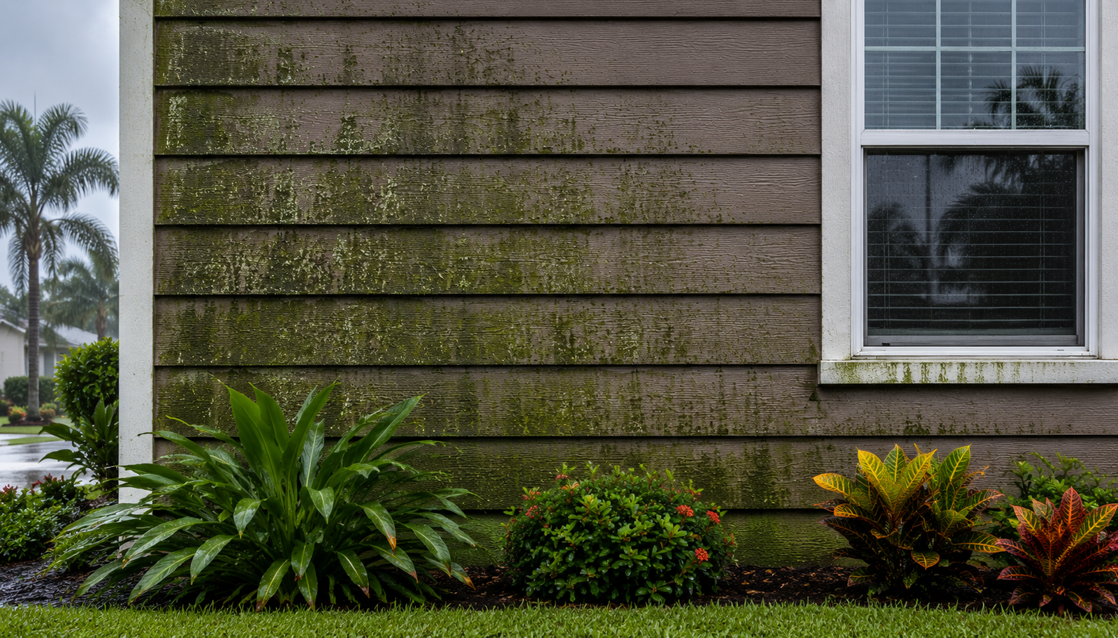 is green algae on siding dangerous showing heavy green algae buildup and moisture staining on residential siding in a humid Florida neighborhood