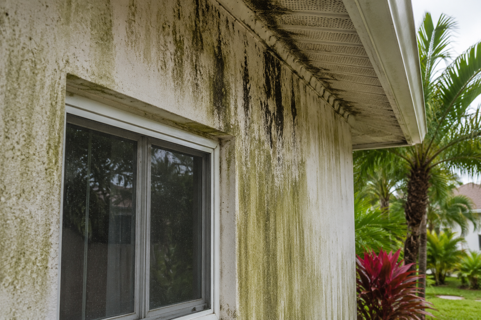 mold and mildew on house health risks showing mold growth, mildew staining, and algae buildup on exterior siding around a residential window in Florida
