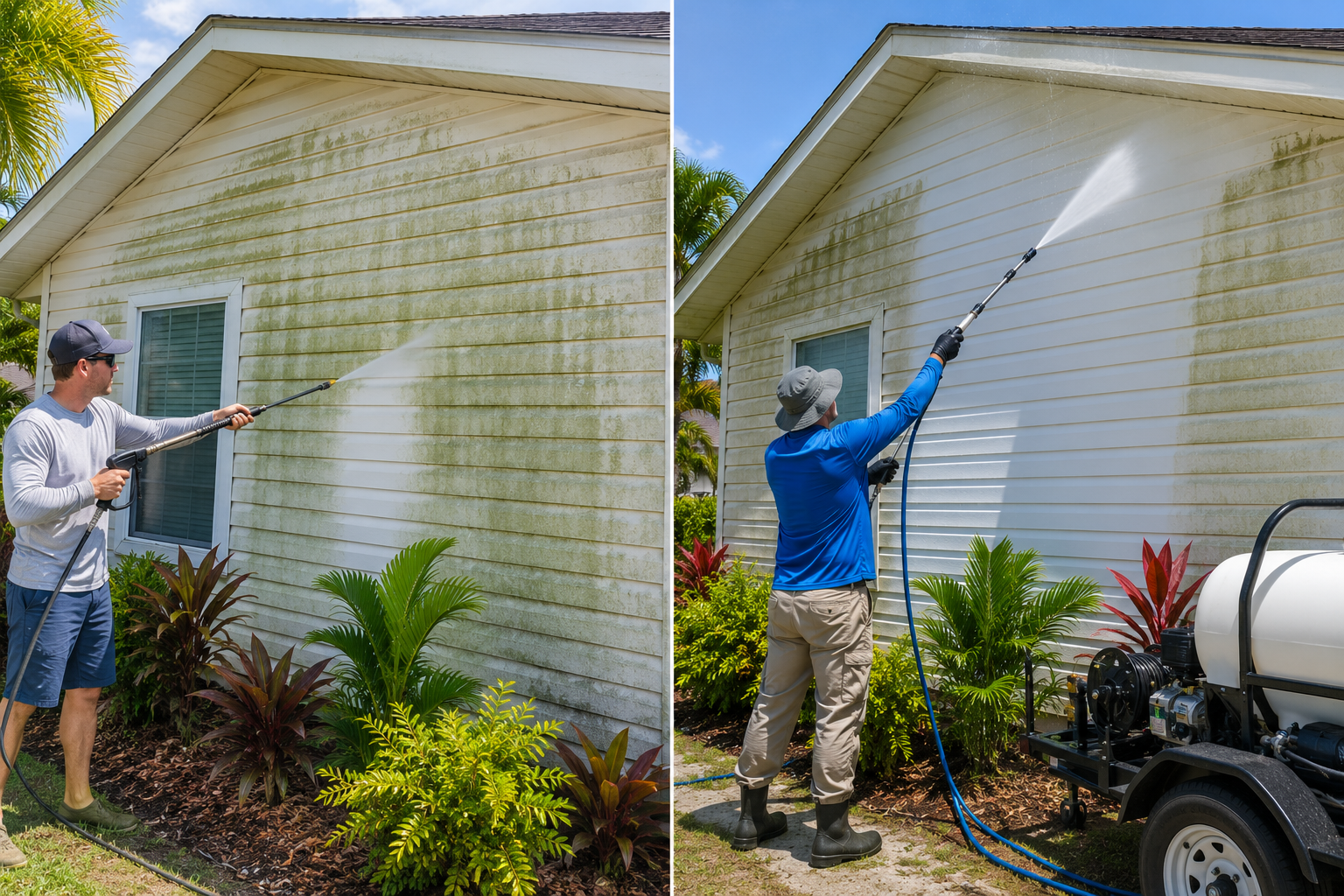 DIY house washing vs professional house washing comparison showing homeowner pressure washing siding and professional soft washing a Florida home